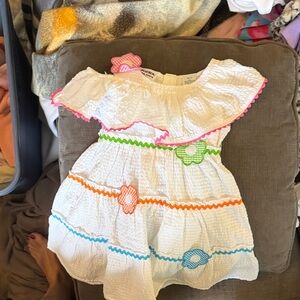 Blueberi Boulevard White Dress with Pink, Green, Orange, and Blue Trim